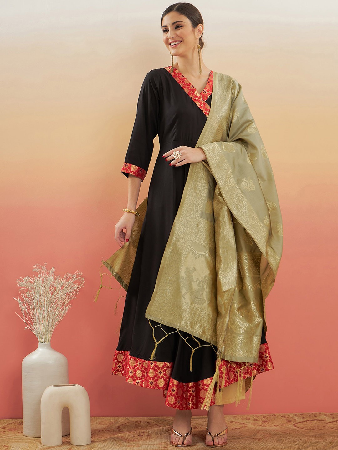 

InWeave Black A-Line Kurta With Dupatta