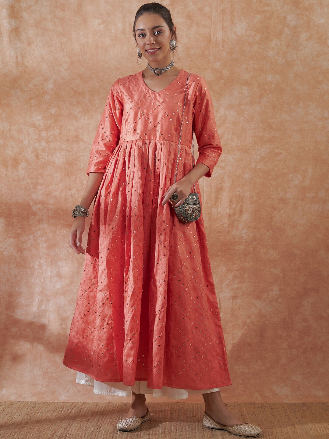 

InWeave Women Peach-Coloured Ethnic Motifs Printed Mirror Work Anarkali Kurta