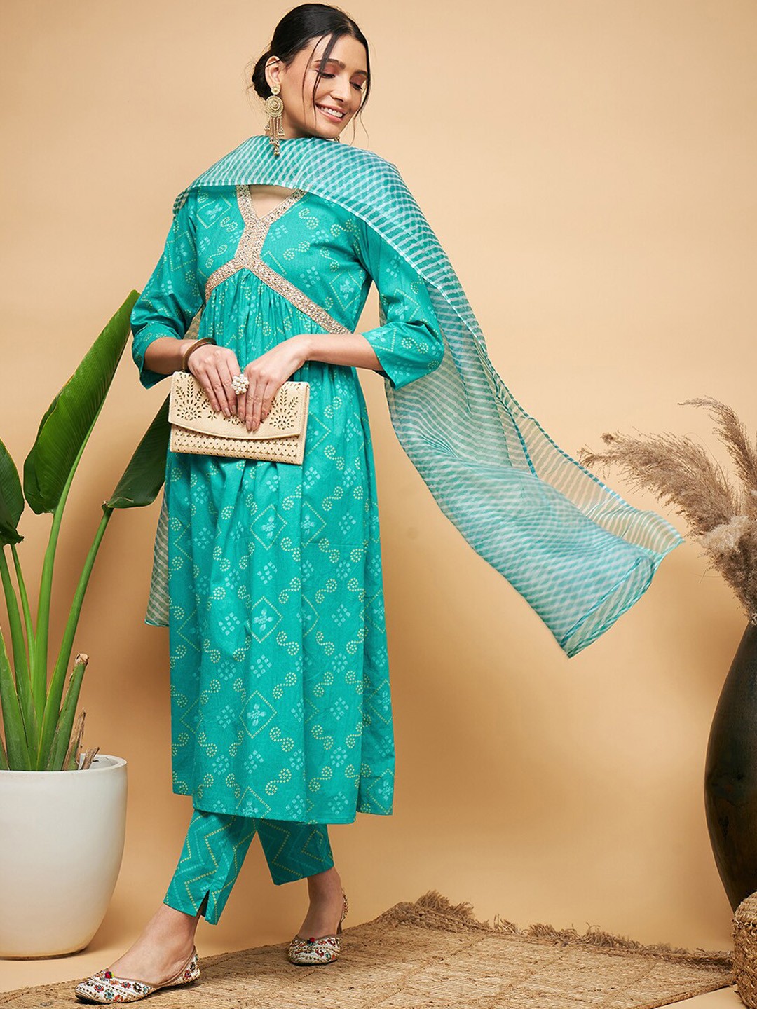 

InWeave Blue Bandhani Printed Pure Cotton Empire A-Line Kurta & Trousers with Dupatta