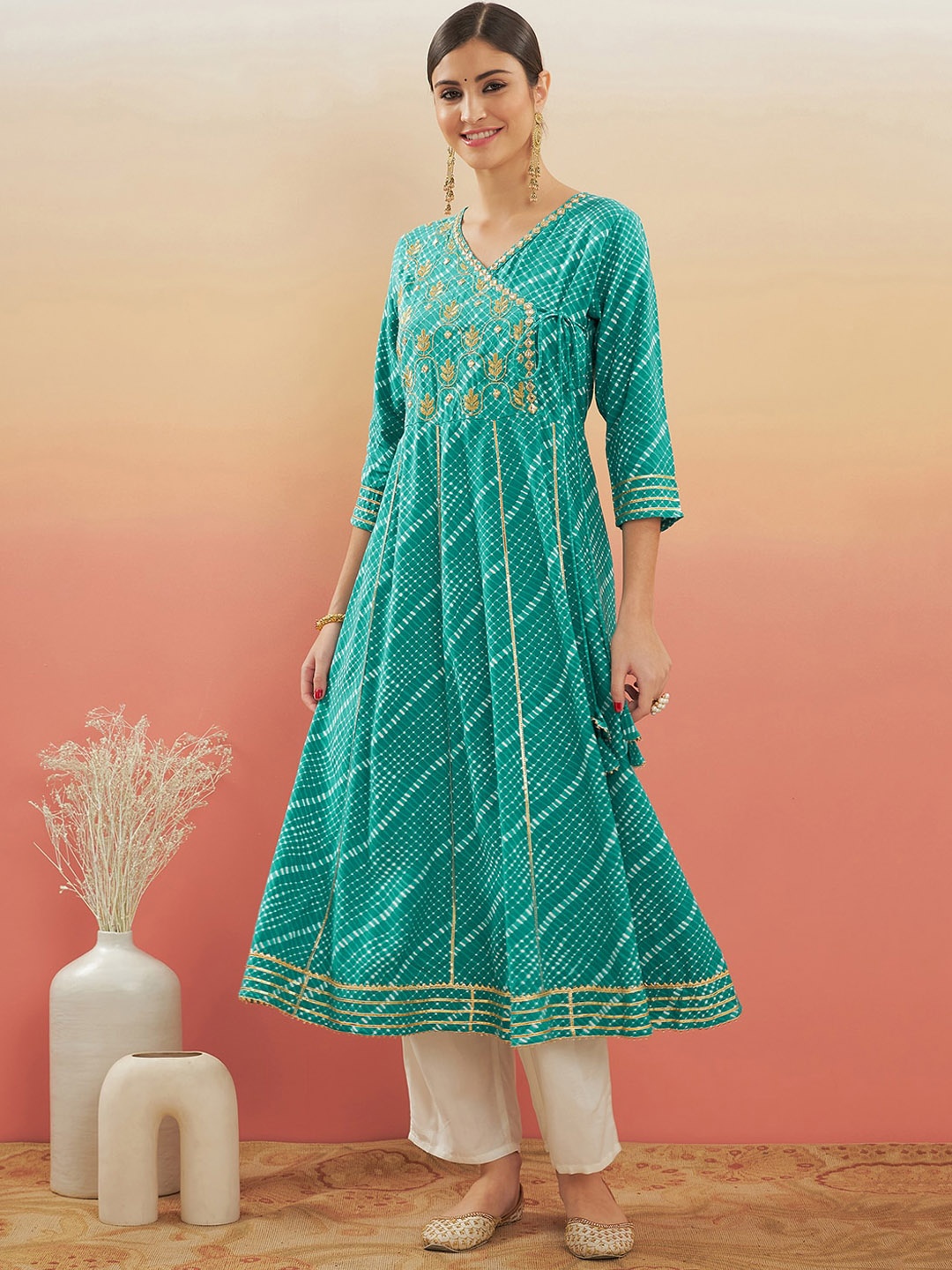 

InWeave Checked Gotta Patti Angrakha Anarkali Kurta, Teal