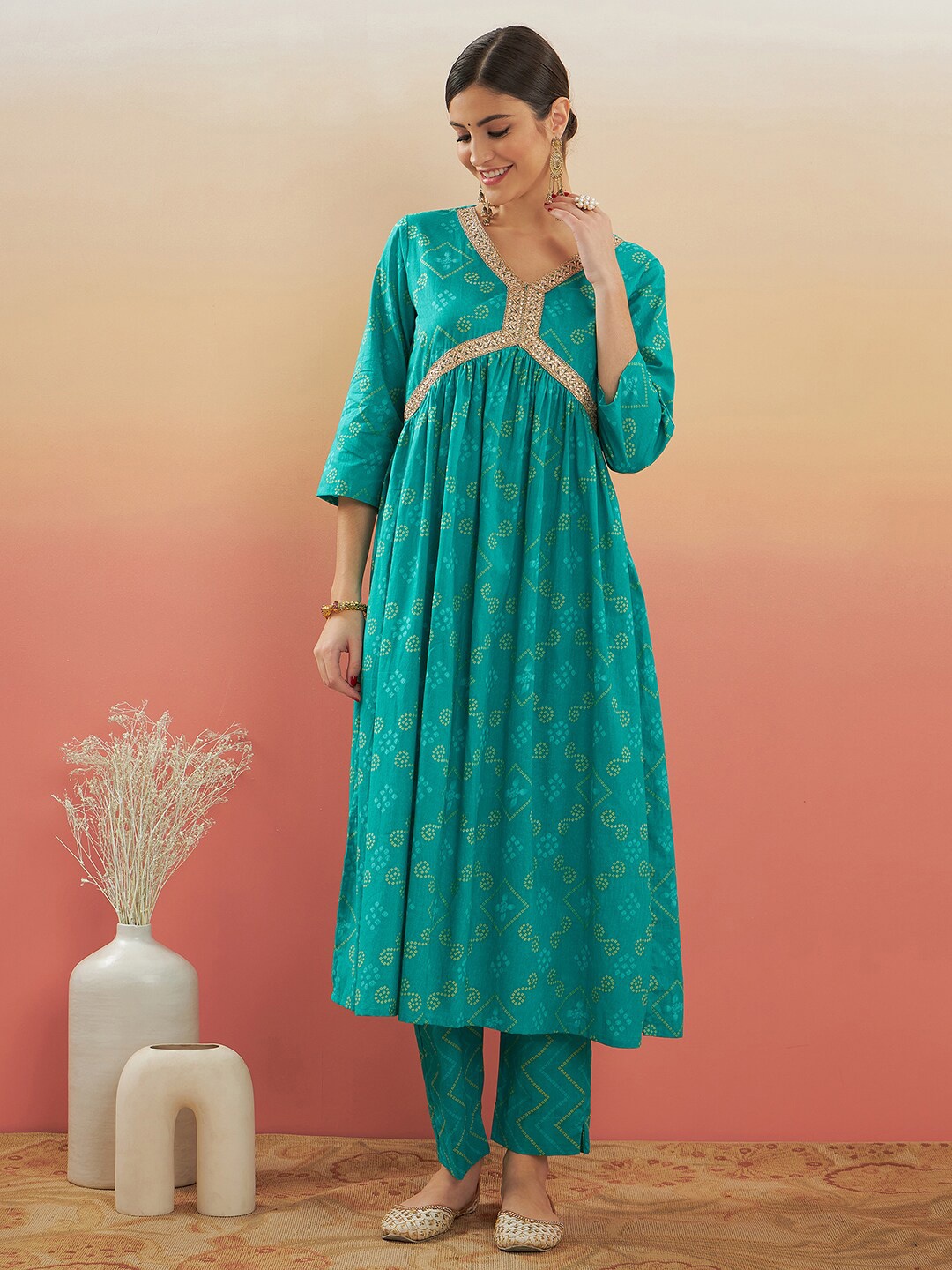 

InWeave Blue Bandhani Printed Gotta Patti Pure Cotton A-Line Kurta with Trousers