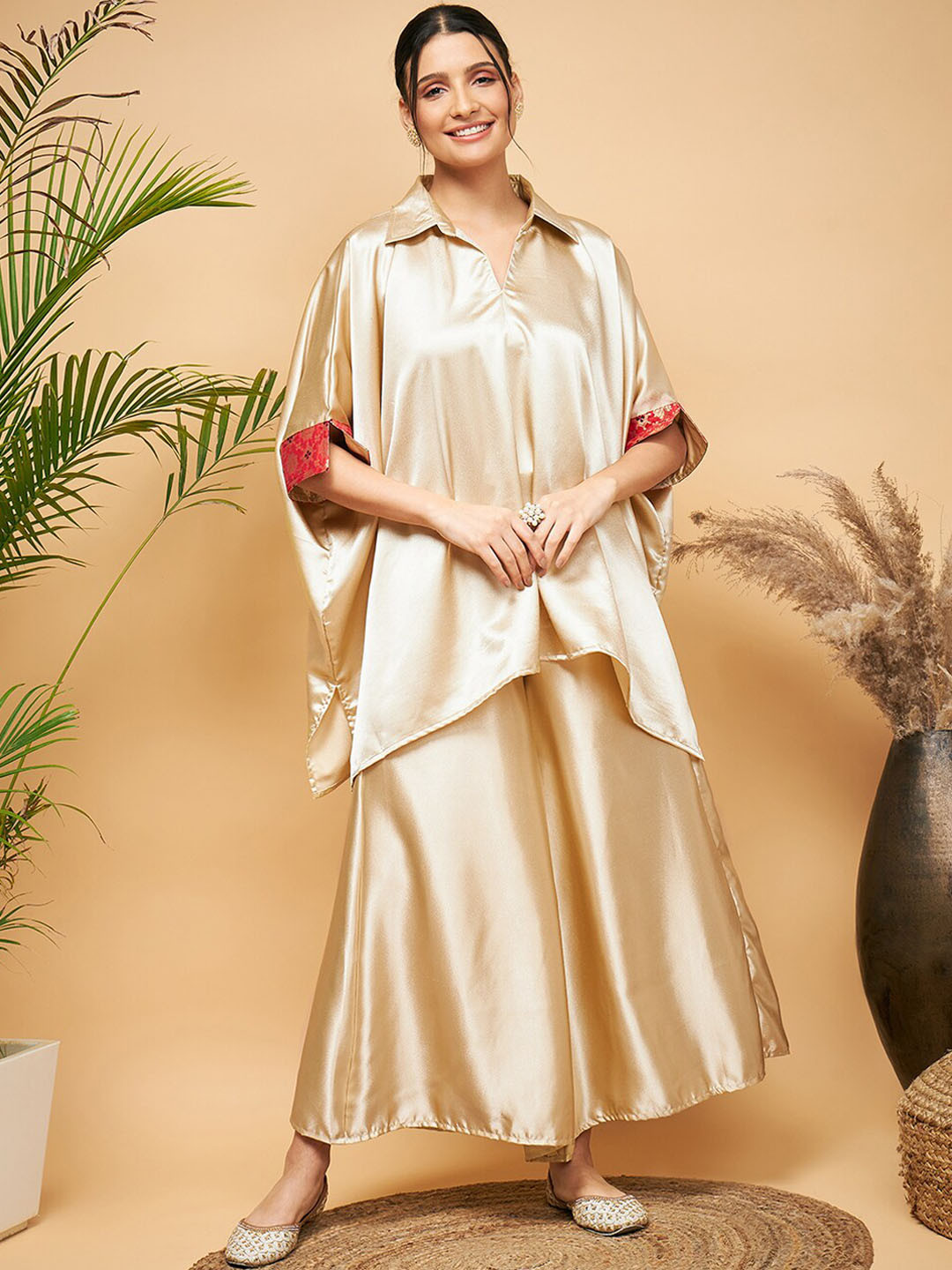 

InWeave Women Satin Top with Palazzos, Beige