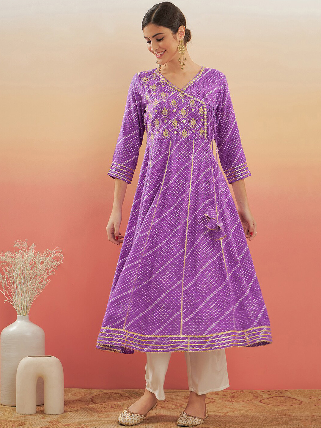 

InWeave Striped Anarkali Thread Work Detail Angrakha Kurta, Purple