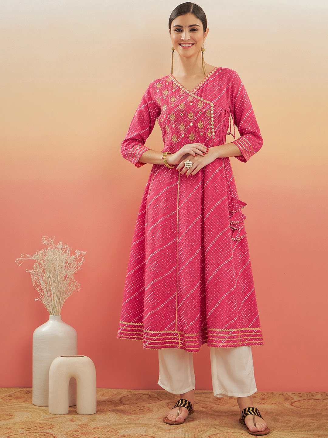

InWeave Pink Embellished Gotta Patti Angrakha Kurta