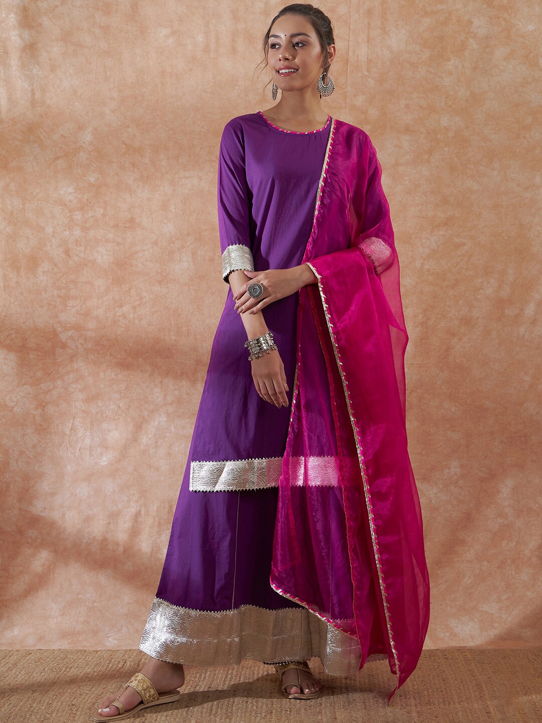 

InWeave Purple Gotta Patti Round Neck Kurta with Palazzos & Dupatta