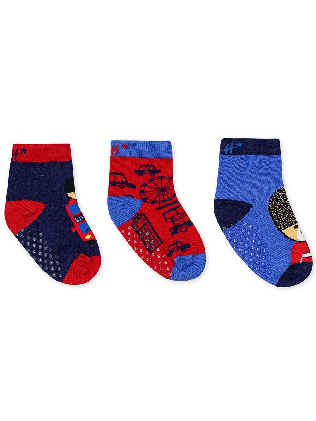

H By Hamleys Infants Boys Pack Of 3 Printed Pure Cotton Calf-Length Socks, Red