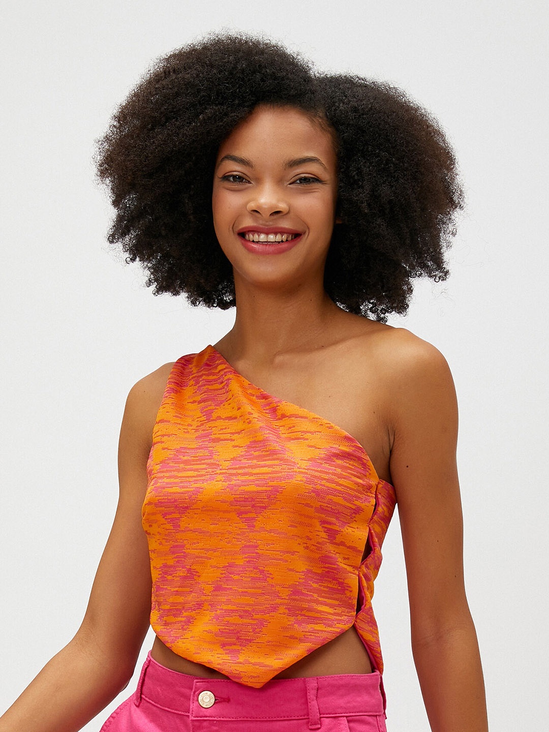 

Koton Abstract Print One Shoulder Regular Crop Top, Orange