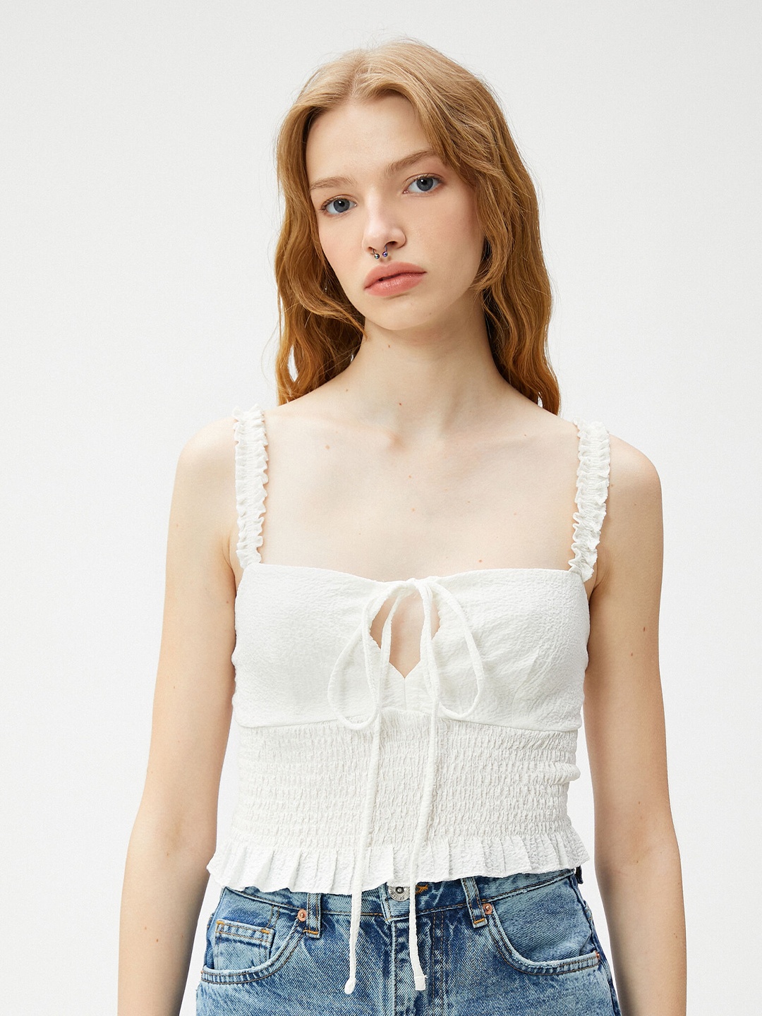 

Koton Smocked Shoulder Strapped Tie-Up Neck Fitted Crop Top, White