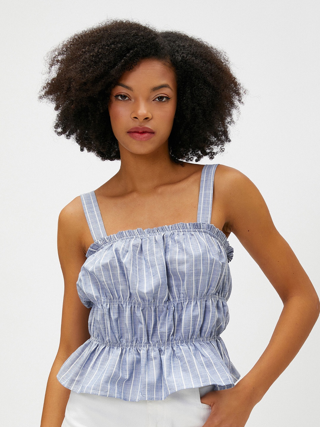 

Koton Striped Strappy Pure Cotton Fitted Top, Blue