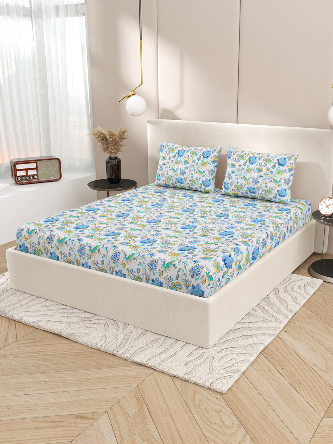 

Gulaab Jaipur White & Blue Floral Fitted 300 TC King Bedsheet With 2 Pillow Covers