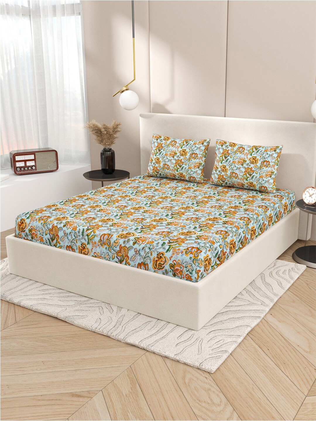 

Gulaab Jaipur Blue & Orange Floral Fitted 300 TC King Bedsheet With 2 Pillow Covers