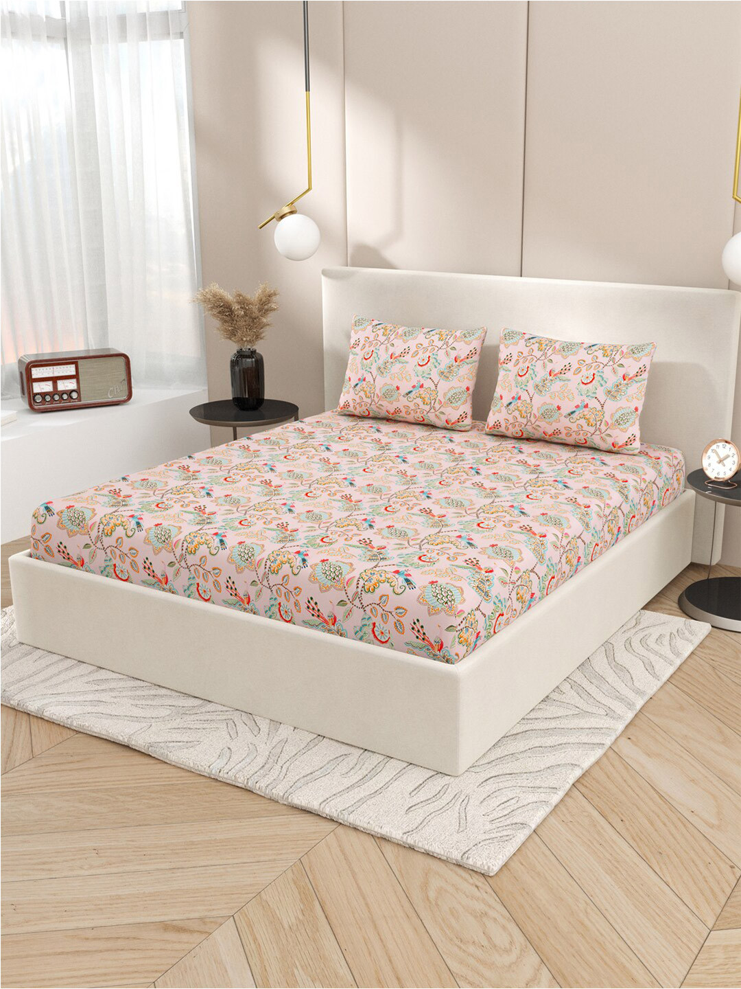 

Gulaab Jaipur Pink & Green Floral Cotton Fitted 400 TC King Bedsheet With 2 Pillow Covers