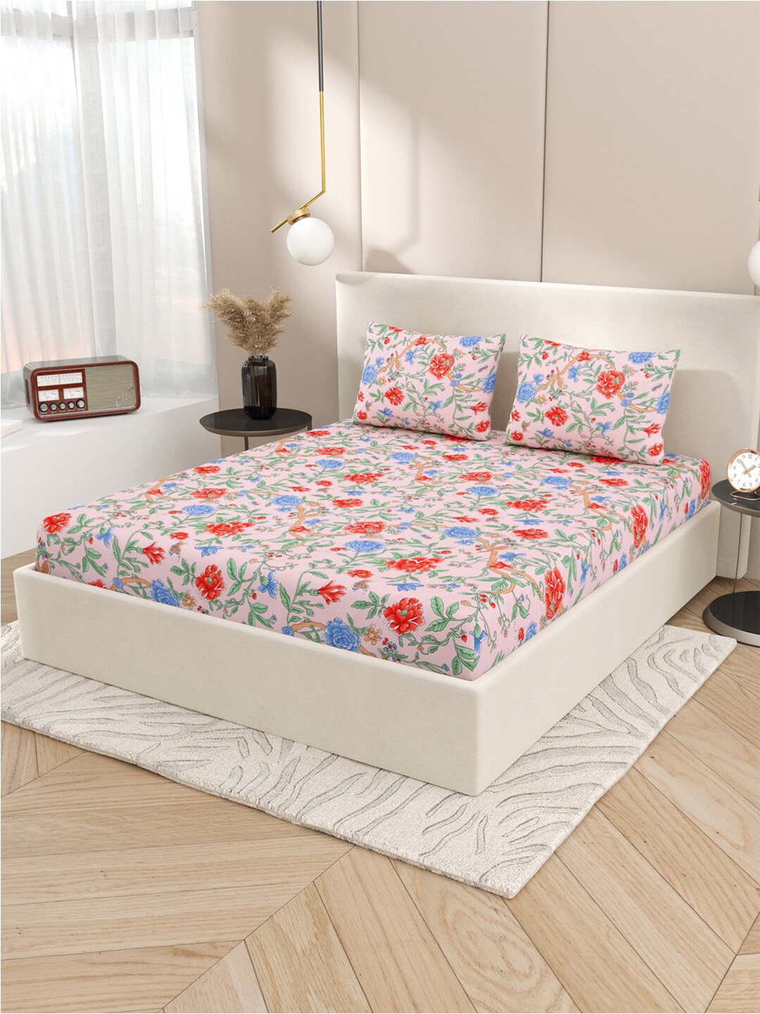 

Gulaab Jaipur Pink & Red Floral Fitted 300 TC King Bedsheet With 2 Pillow Covers