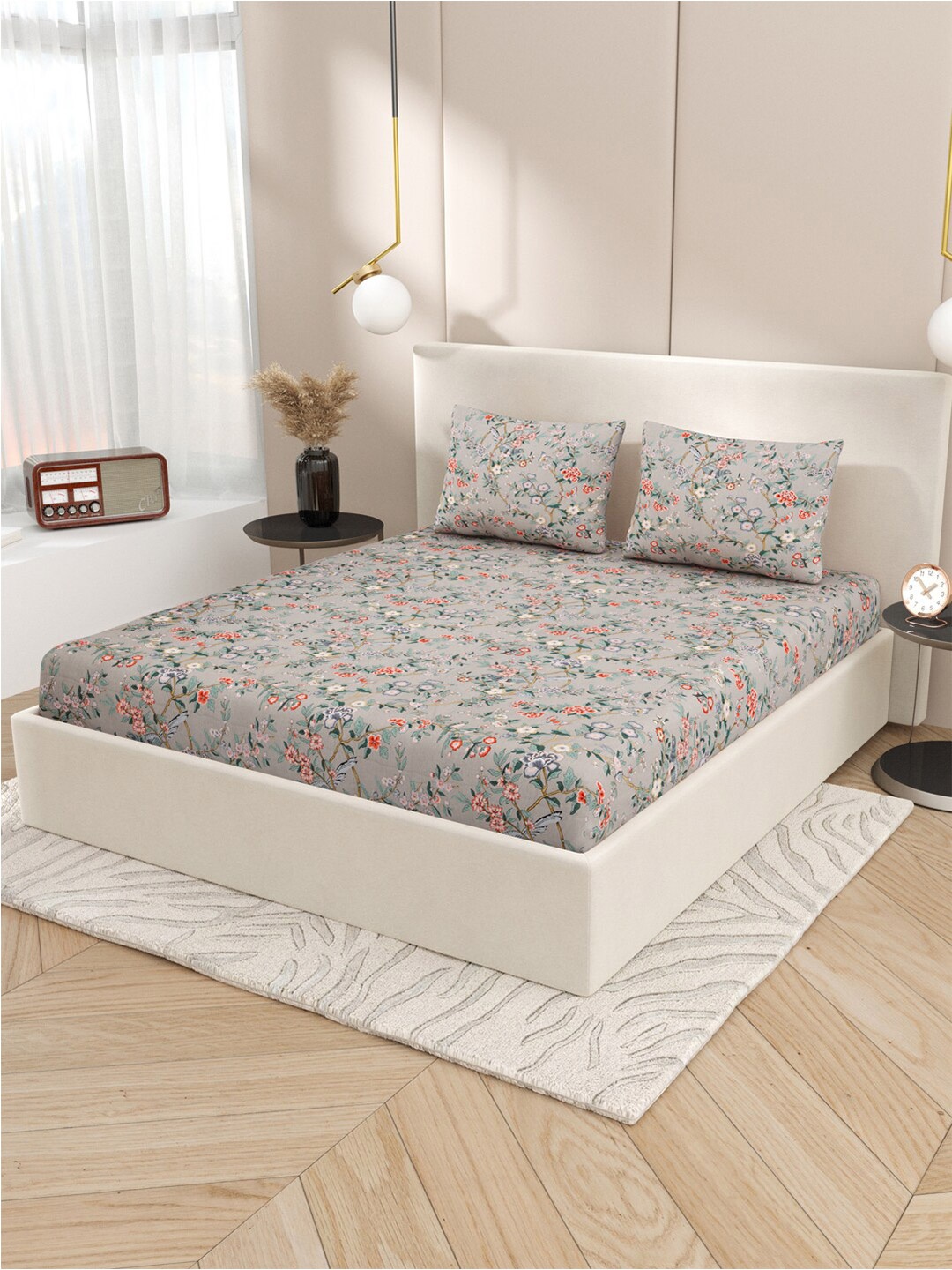 

Gulaab Jaipur Grey & Pink Floral Cotton 400 TC Fitted King Bedsheet with 2 Pillow Covers