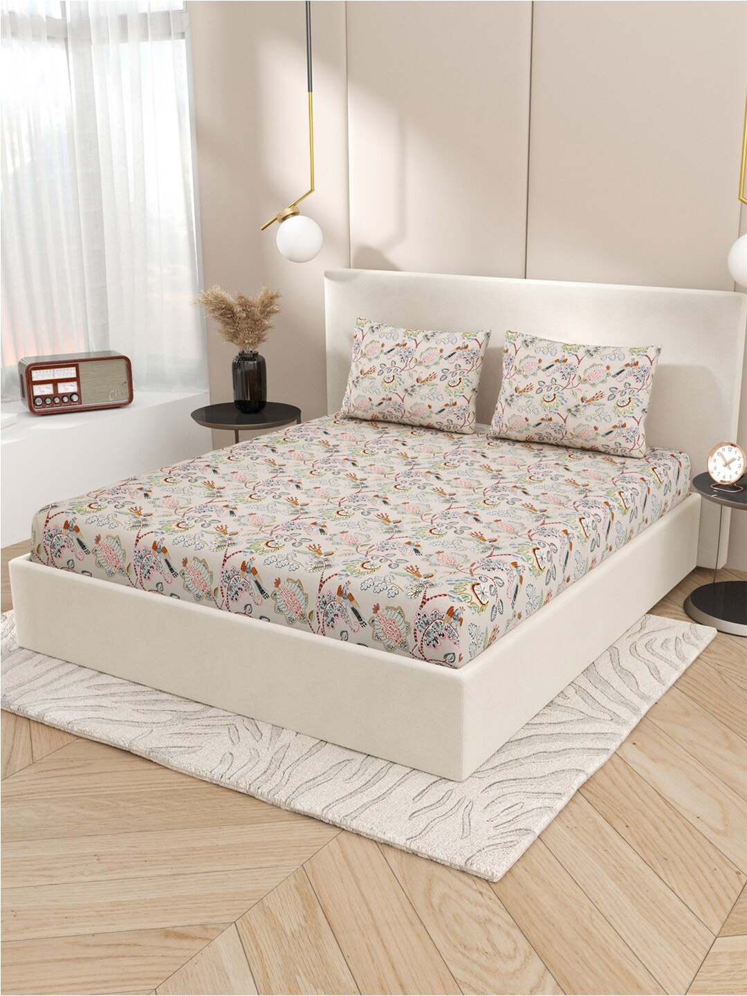 

Gulaab Jaipur Cream-Coloured Floral Cotton 400 TC Fitted King Bedsheet & 2 Pillow Covers