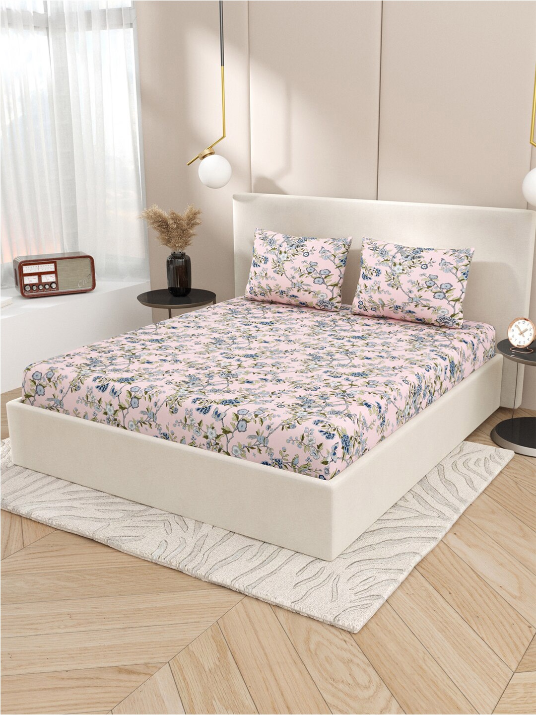 

Gulaab Jaipur Pink & Green Floral Cotton 400 TC Fitted King Bedsheet with 2 Pillow Covers