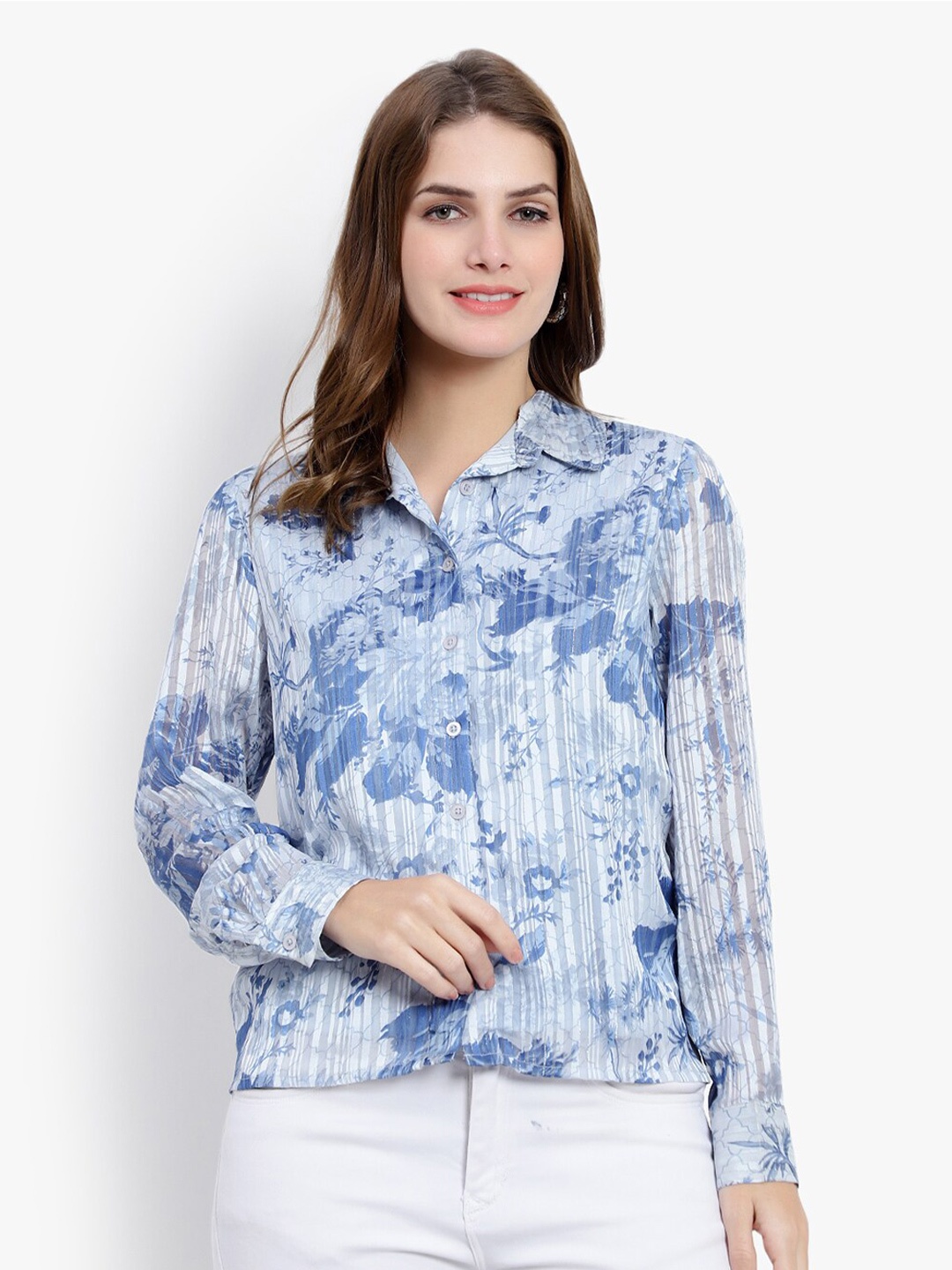

DRIRO Floral Printed Georgette Shirt Style Top, Blue