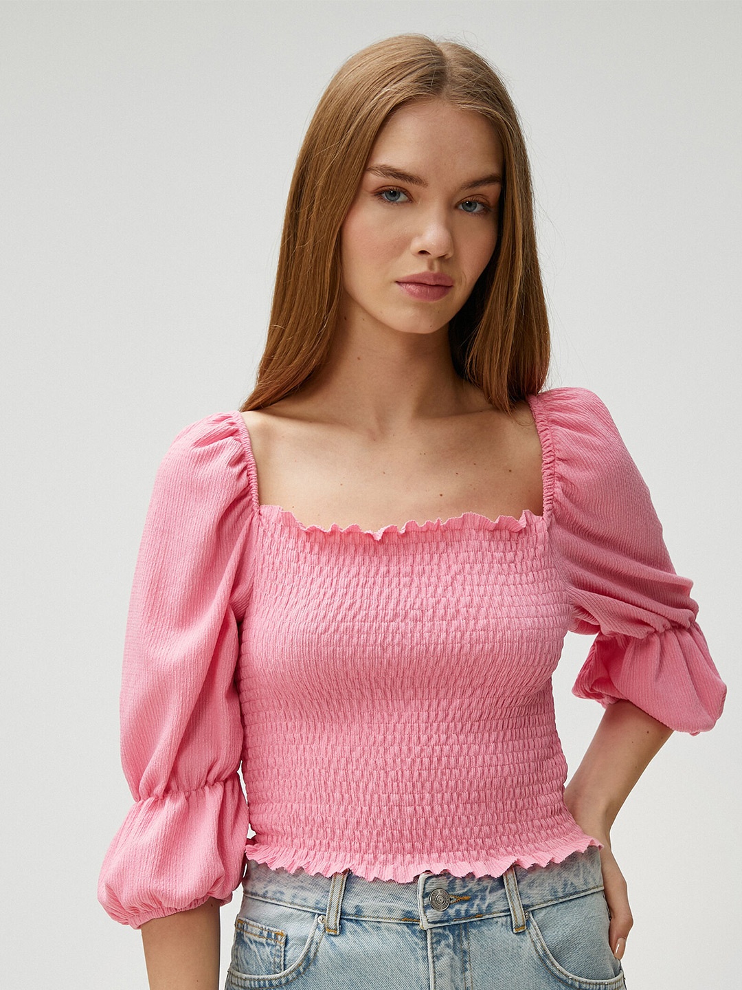

Koton Square Neck Puff Sleeves Smocked Fitted Crop Top, Pink
