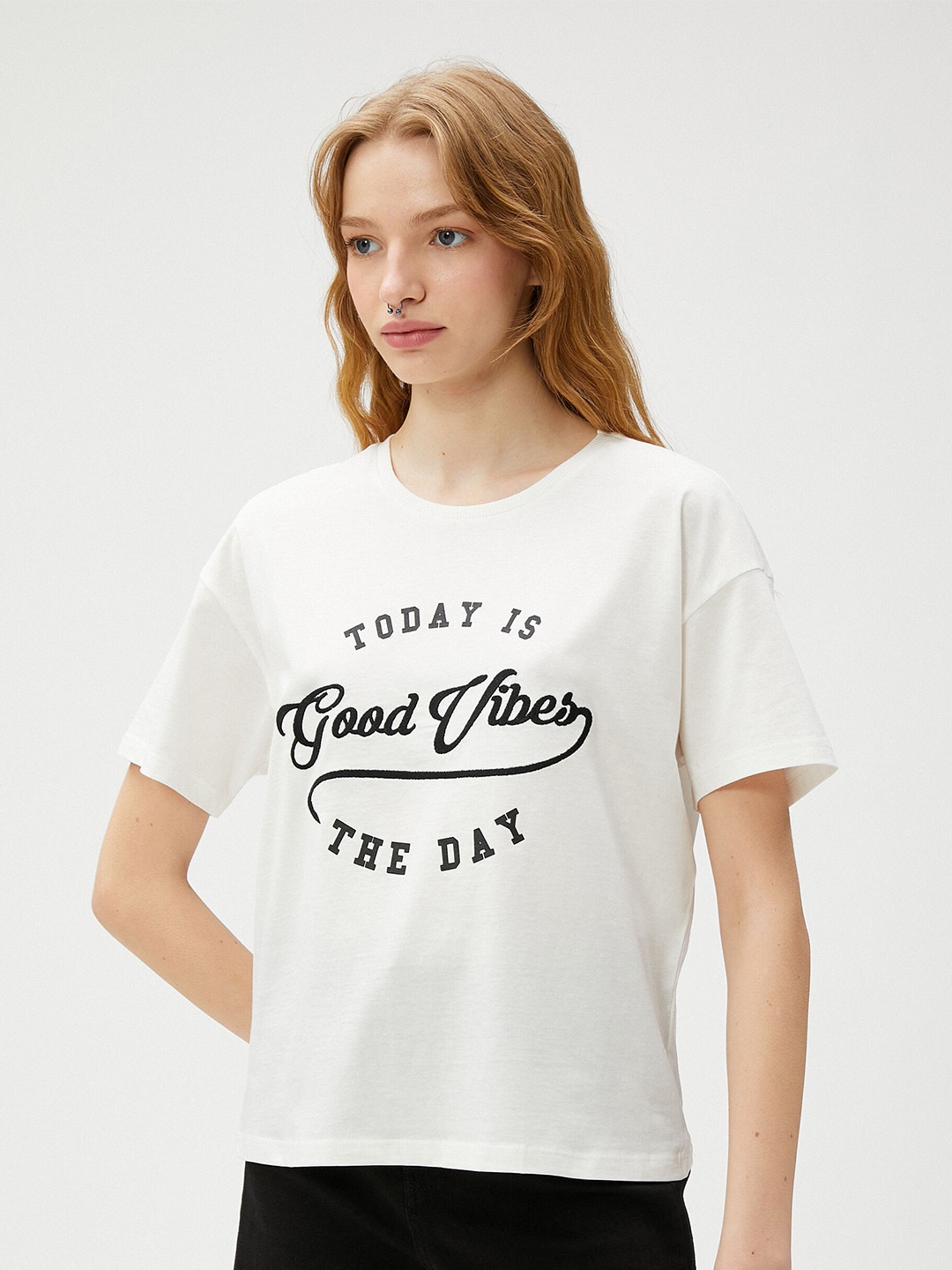 

Koton Typography Printed Drop-Shoulder Sleeves Cotton Regular T-shirt, Beige