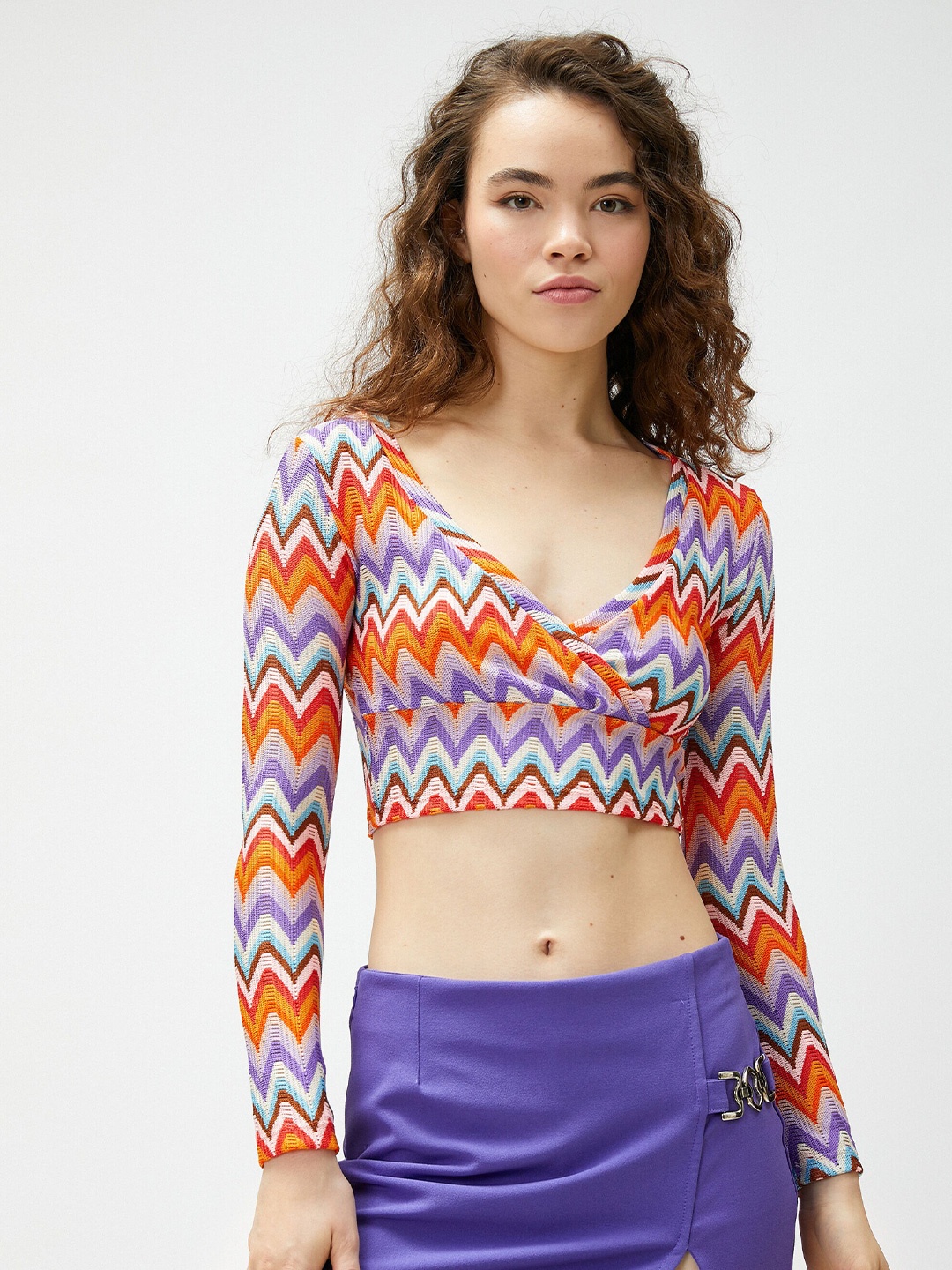 

Koton Self Design V-Neck Blouson Crop Top, Orange