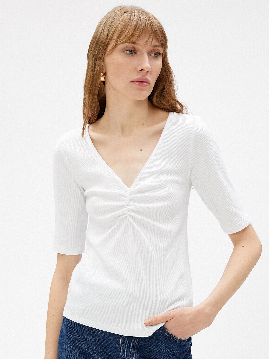 

Koton V-Neck Regular Sleeves Gathered Regular Top, White