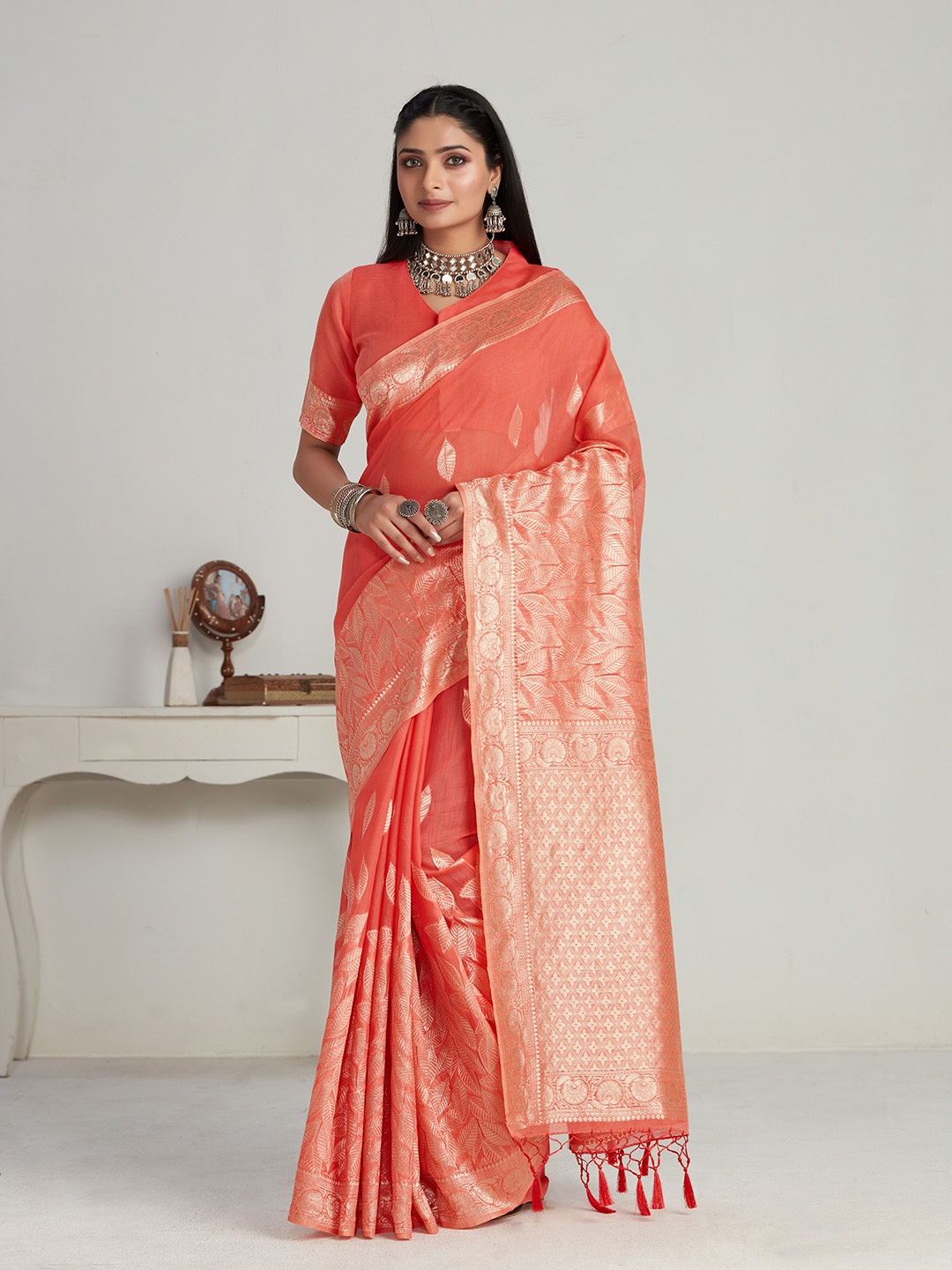 

MIMOSA Floral Woven Design Zari Banarasi Saree, Coral