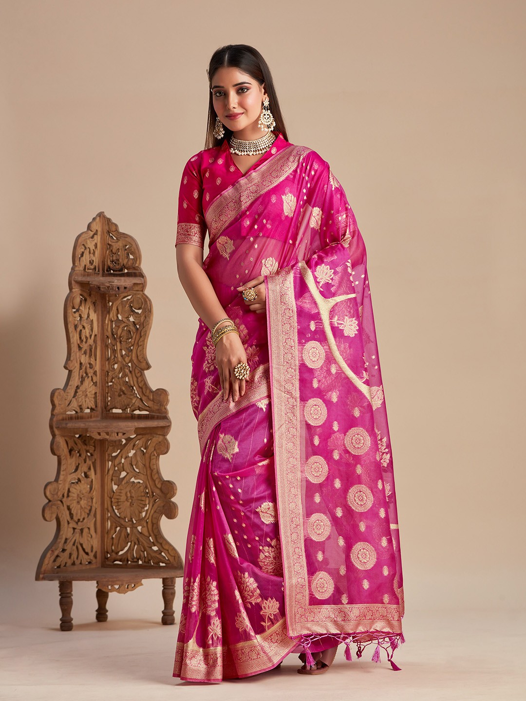 

MIMOSA Woven Design Zari Art Silk Banarasi Saree, Pink