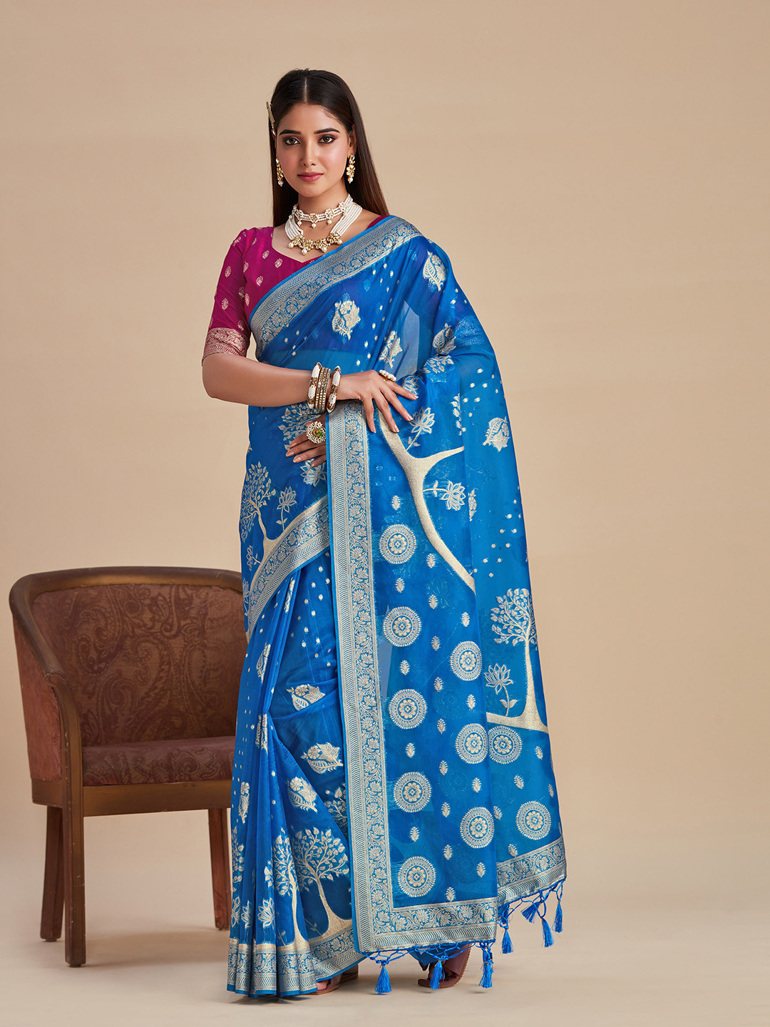 

MIMOSA Woven Design Zari Art Silk Banarasi Saree, Blue
