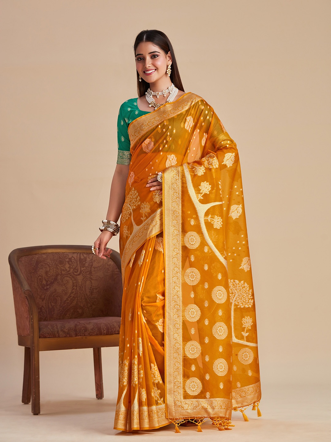 

MIMOSA Woven Design Zari Art Silk Banarasi Saree, Orange