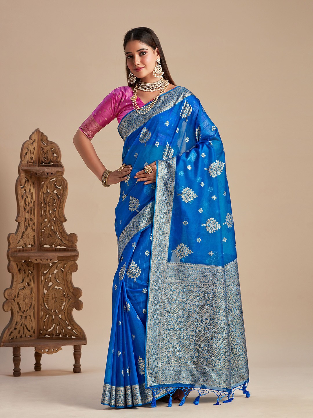 

MIMOSA Woven Design Zari Art Silk Banarasi Saree, Blue