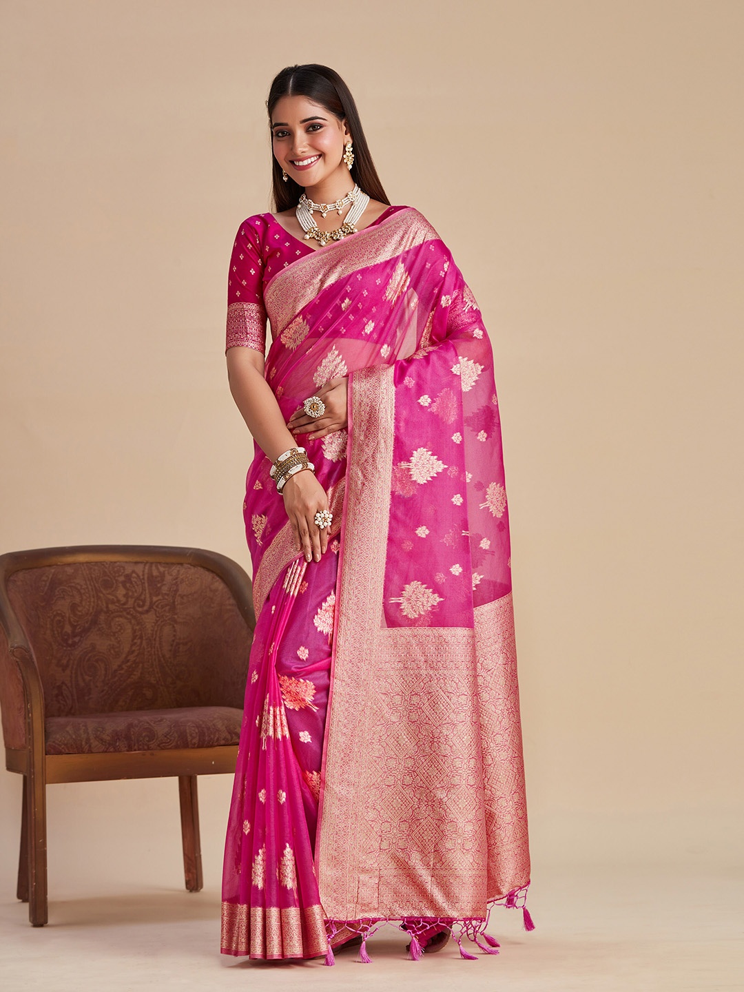 

MIMOSA Ethnic Motifs Woven Design Zari Banarasi Saree, Pink