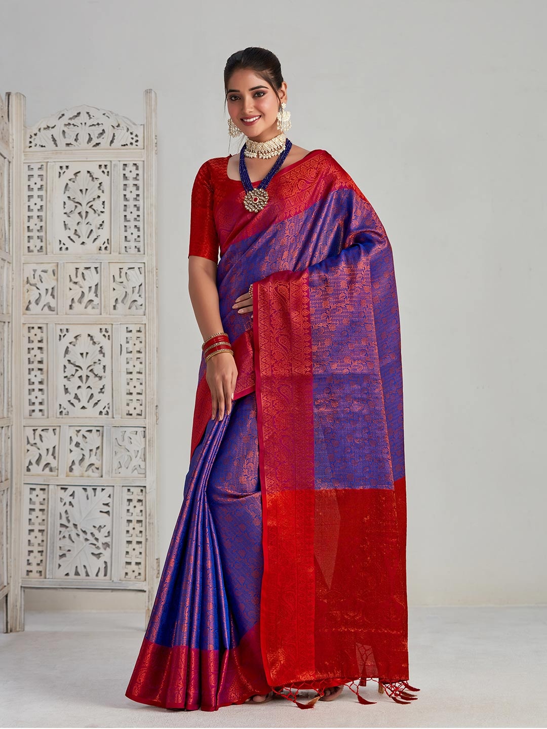 

MIMOSA Ethnic Motifs Woven Design Zari Kanjeevaram Saree, Blue