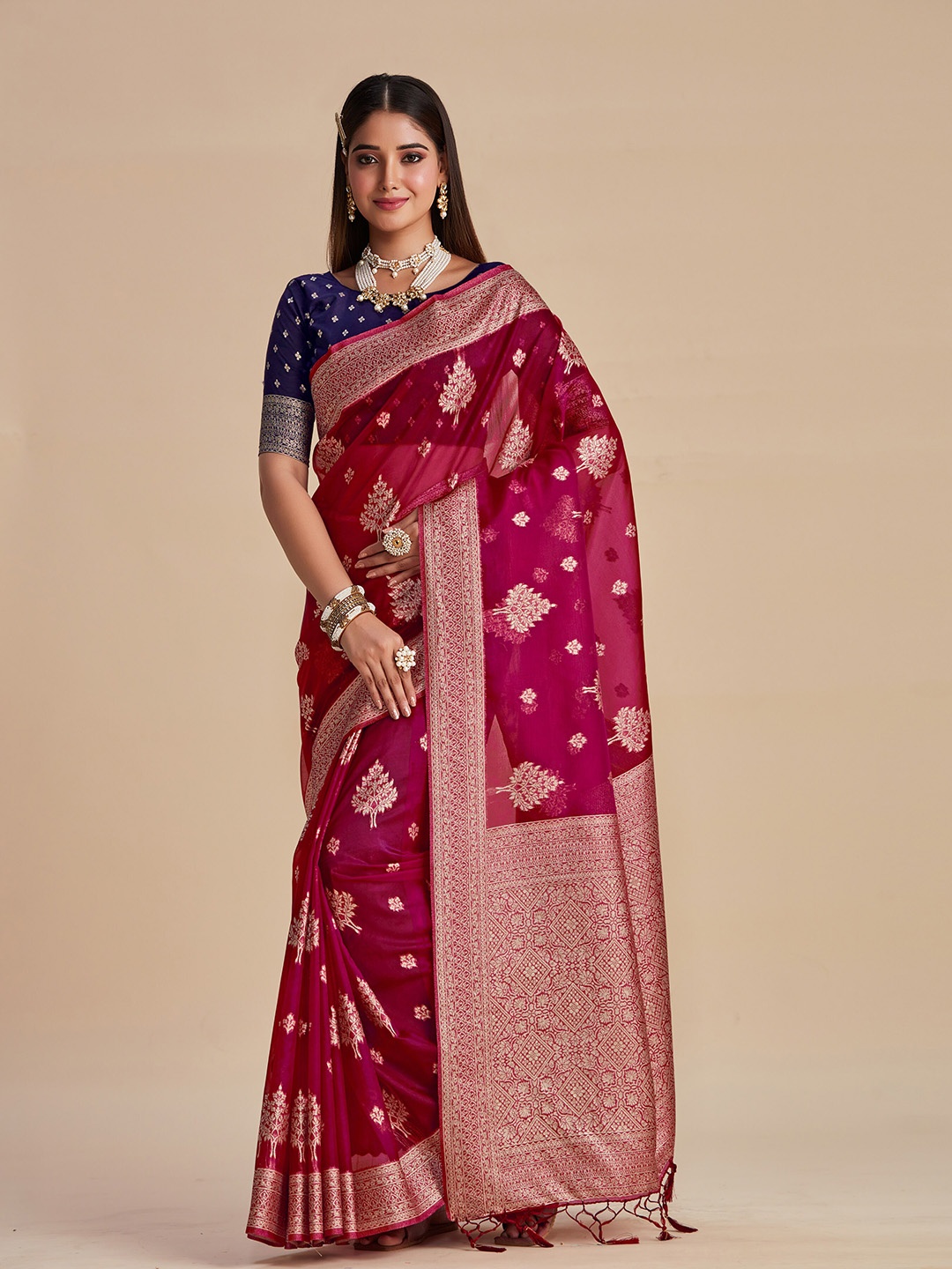 

MIMOSA Ethnic Motifs Woven Design Zari Banarasi Saree, Pink