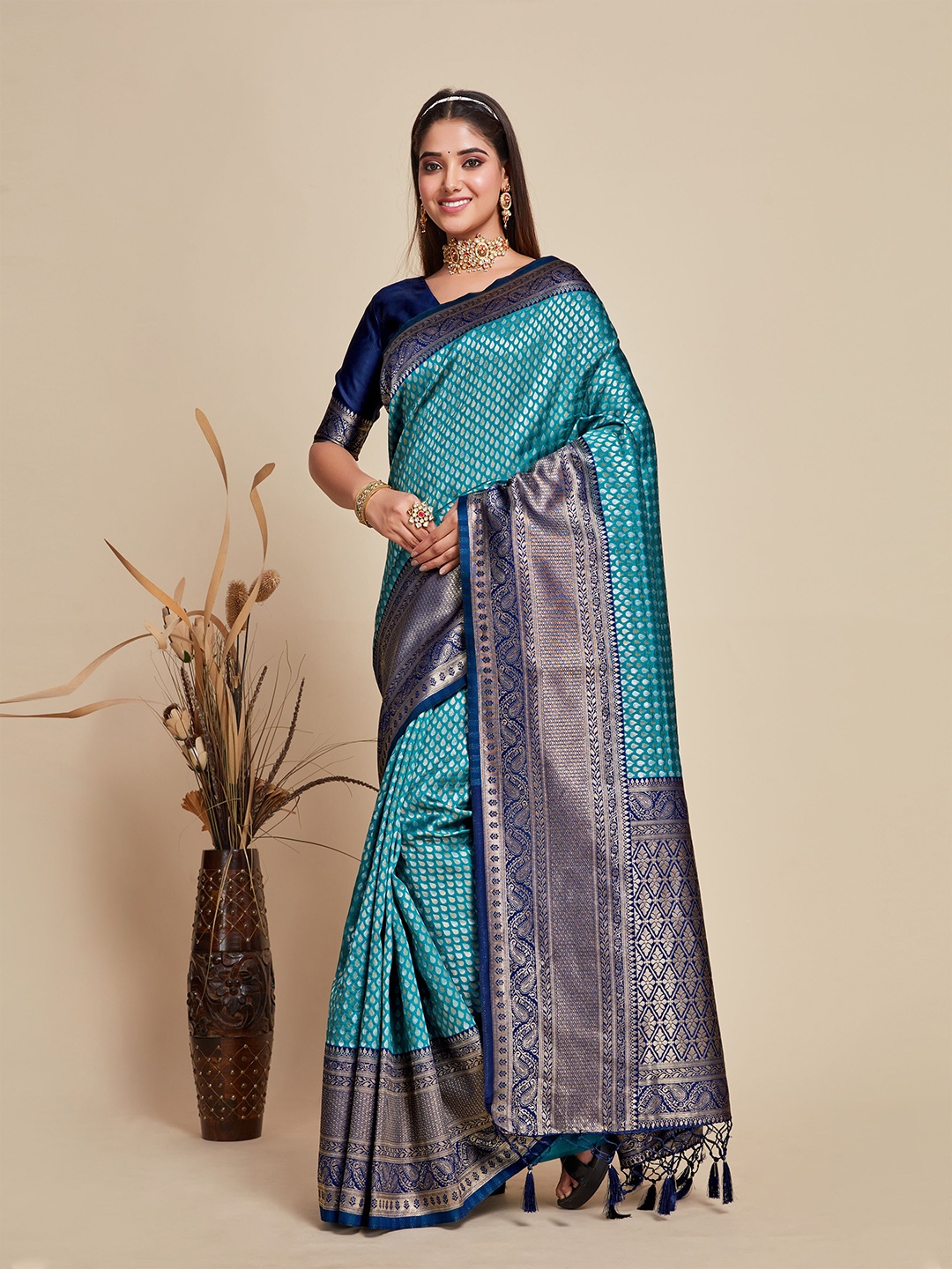 

MIMOSA Woven Design Zari Kanjeevaram Saree, Turquoise blue