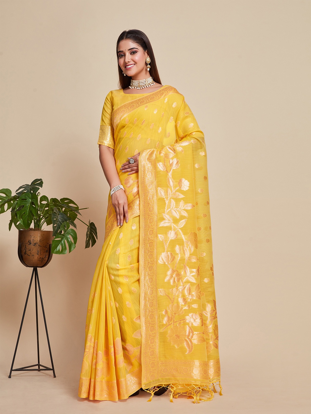 

MIMOSA Floral Woven Design Zari Banarasi Saree, Mustard