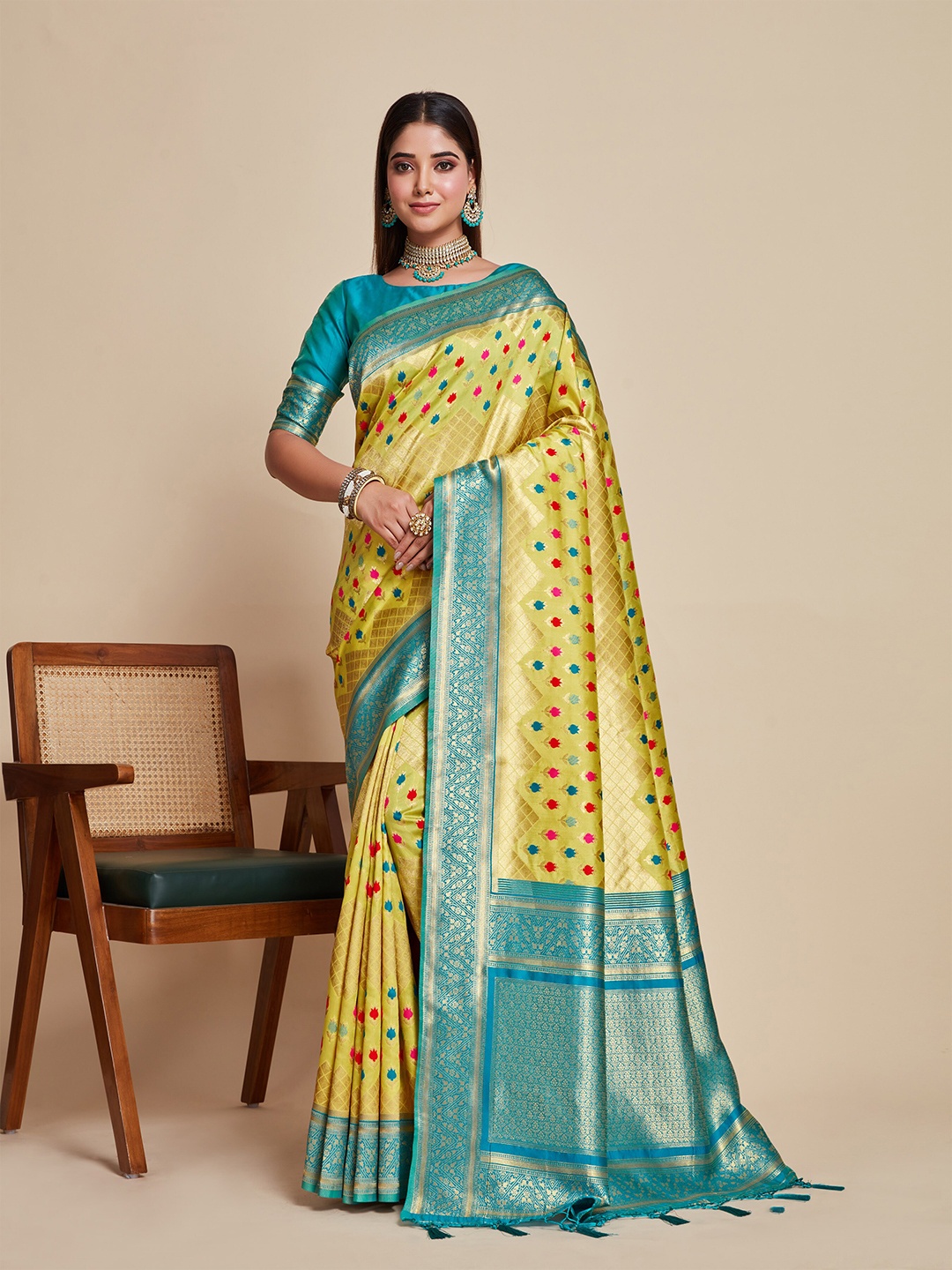 

MIMOSA Yellow & Turquoise Blue Floral Zari Kanjeevaram Saree