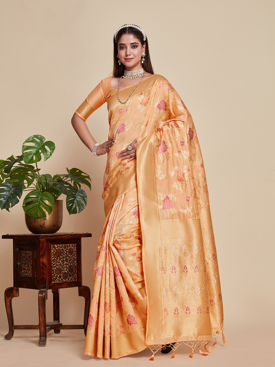 

MIMOSA Floral Woven Design Zari Kanjeevaram Saree, Peach