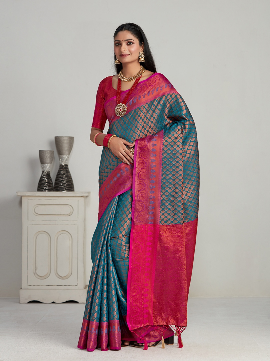 

MIMOSA Woven Design Zari Kanjeevaram Saree, Teal