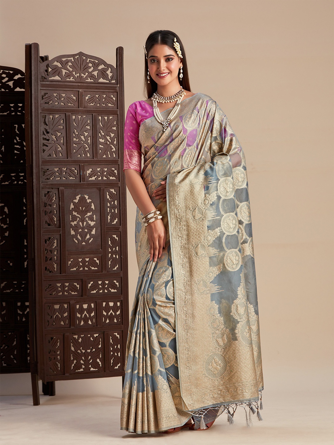 

MIMOSA Woven Design Zari Banarasi Saree, Grey
