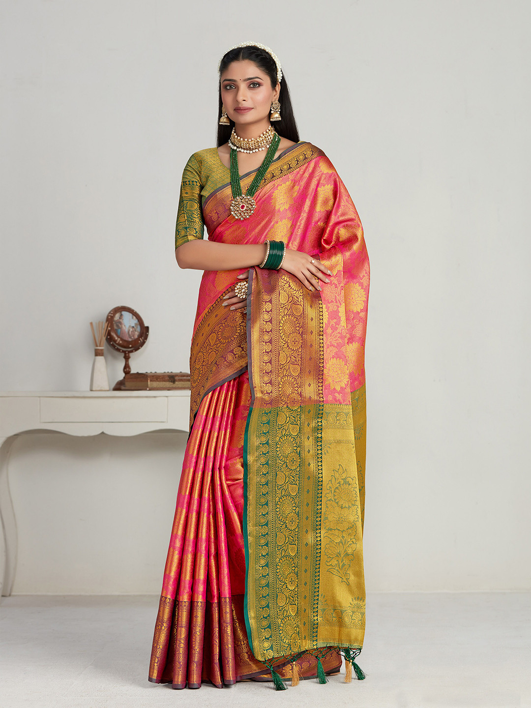 

MIMOSA Floral Woven Design Zari Kanjeevaram Saree, Pink