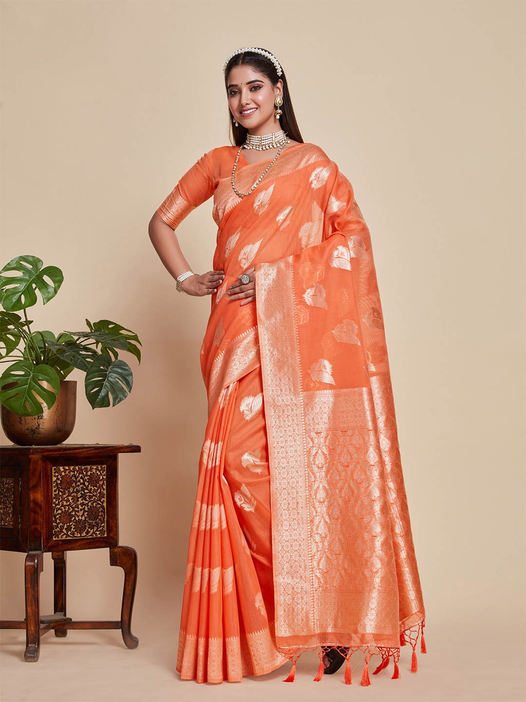

MIMOSA Floral Zari Banarasi Saree, Orange