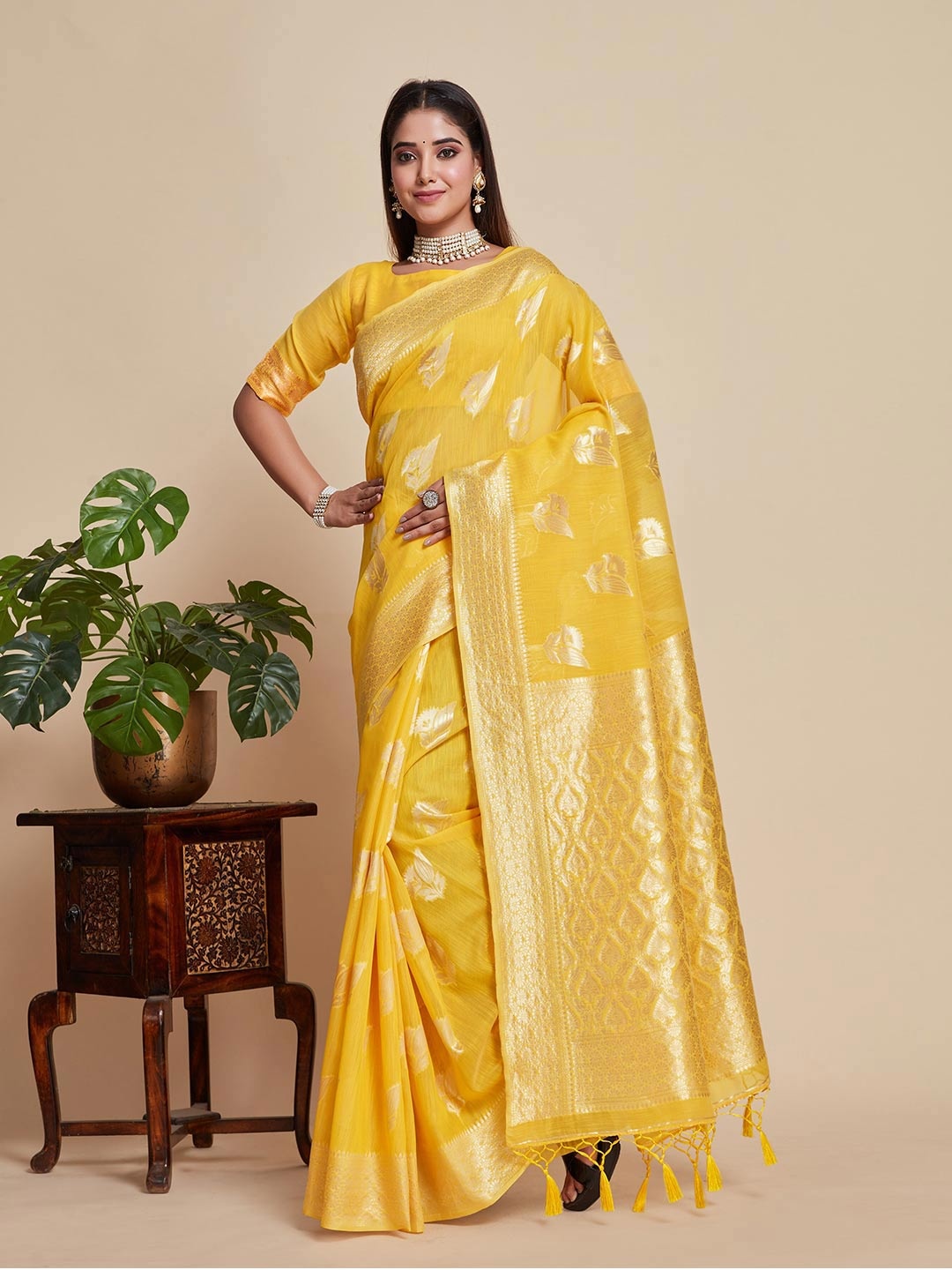 

MIMOSA Floral Woven Design Zari Banarasi Saree, Mustard