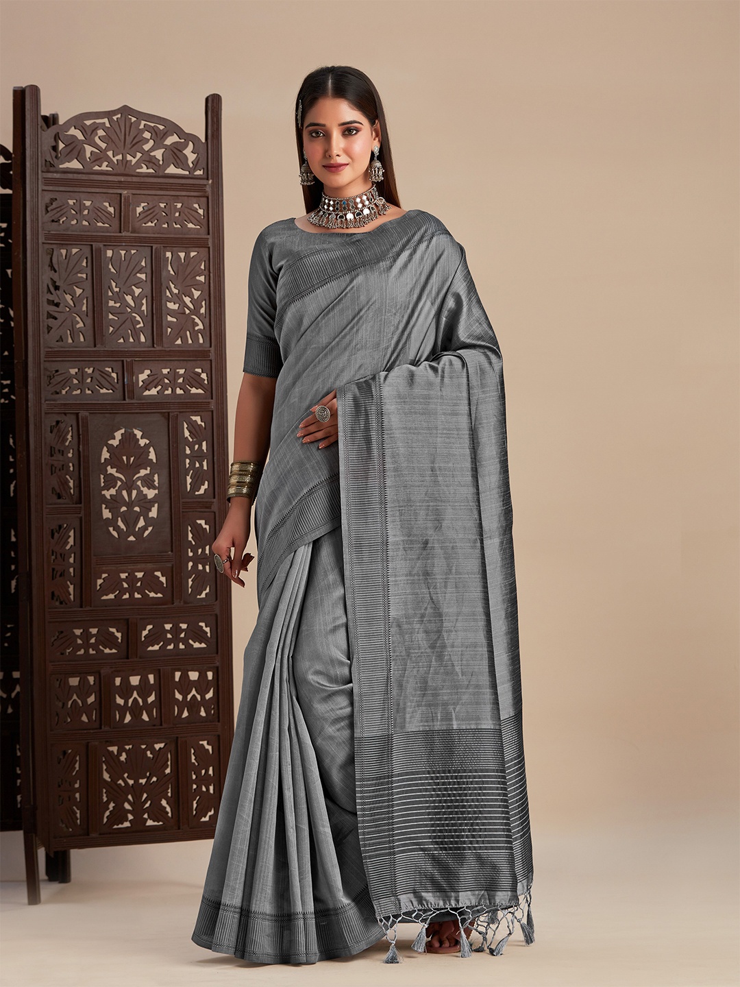 

MIMOSA Woven Design Kanjeevaram Saree, Grey