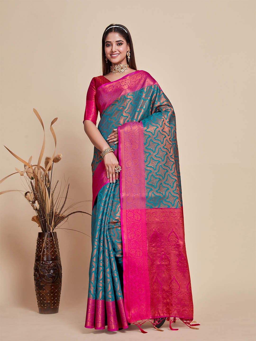 

MIMOSA Floral Woven Design Zari Art Silk Kanjeevaram Saree, Turquoise blue