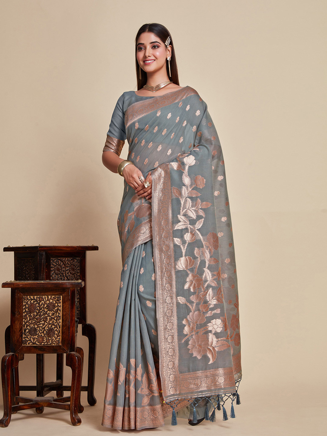 

MIMOSA Ethnic Motifs Zari Banarasi Saree, Grey