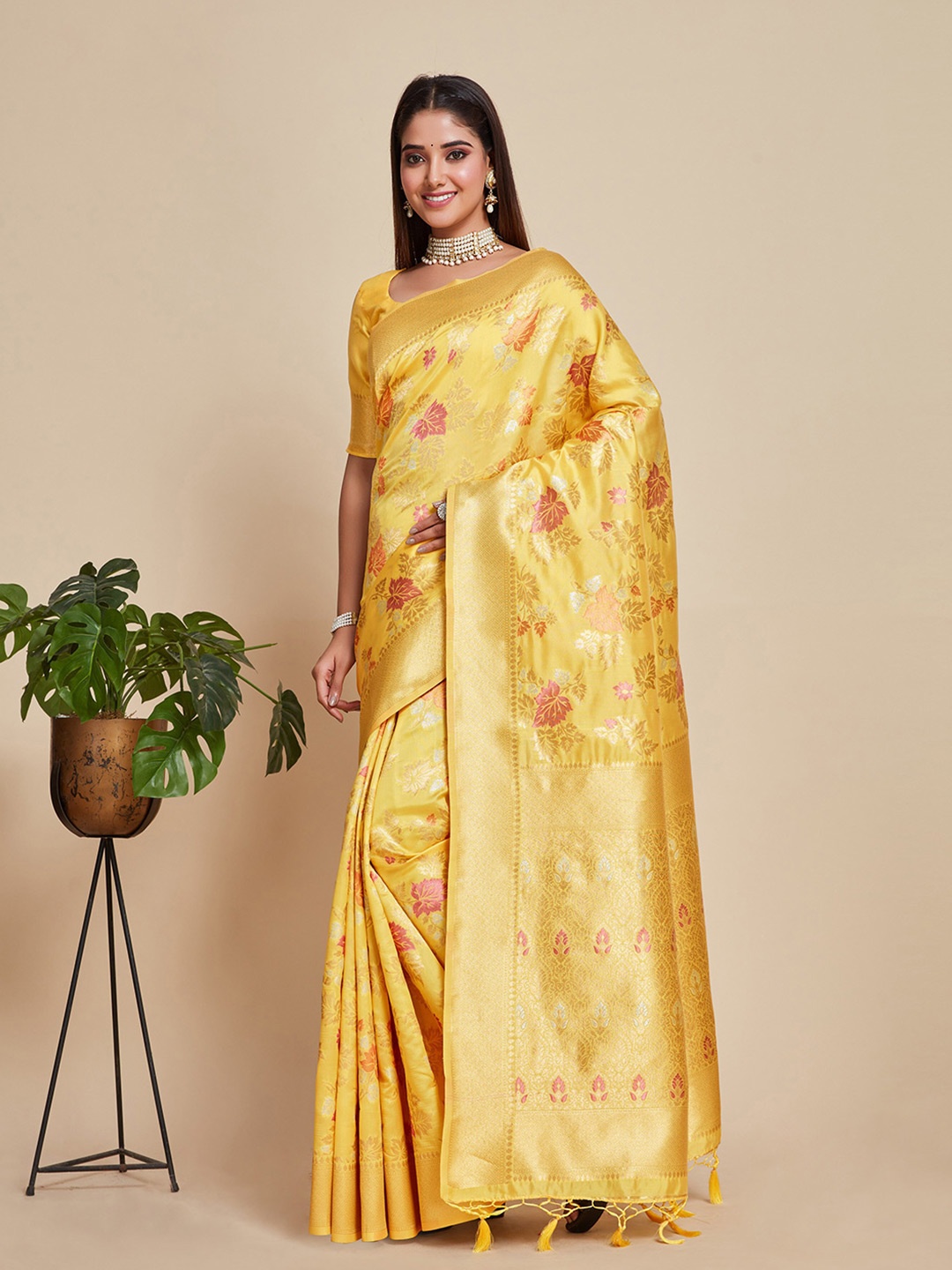 

MIMOSA Floral Woven Design Zari Kanjeevaram Saree, Mustard