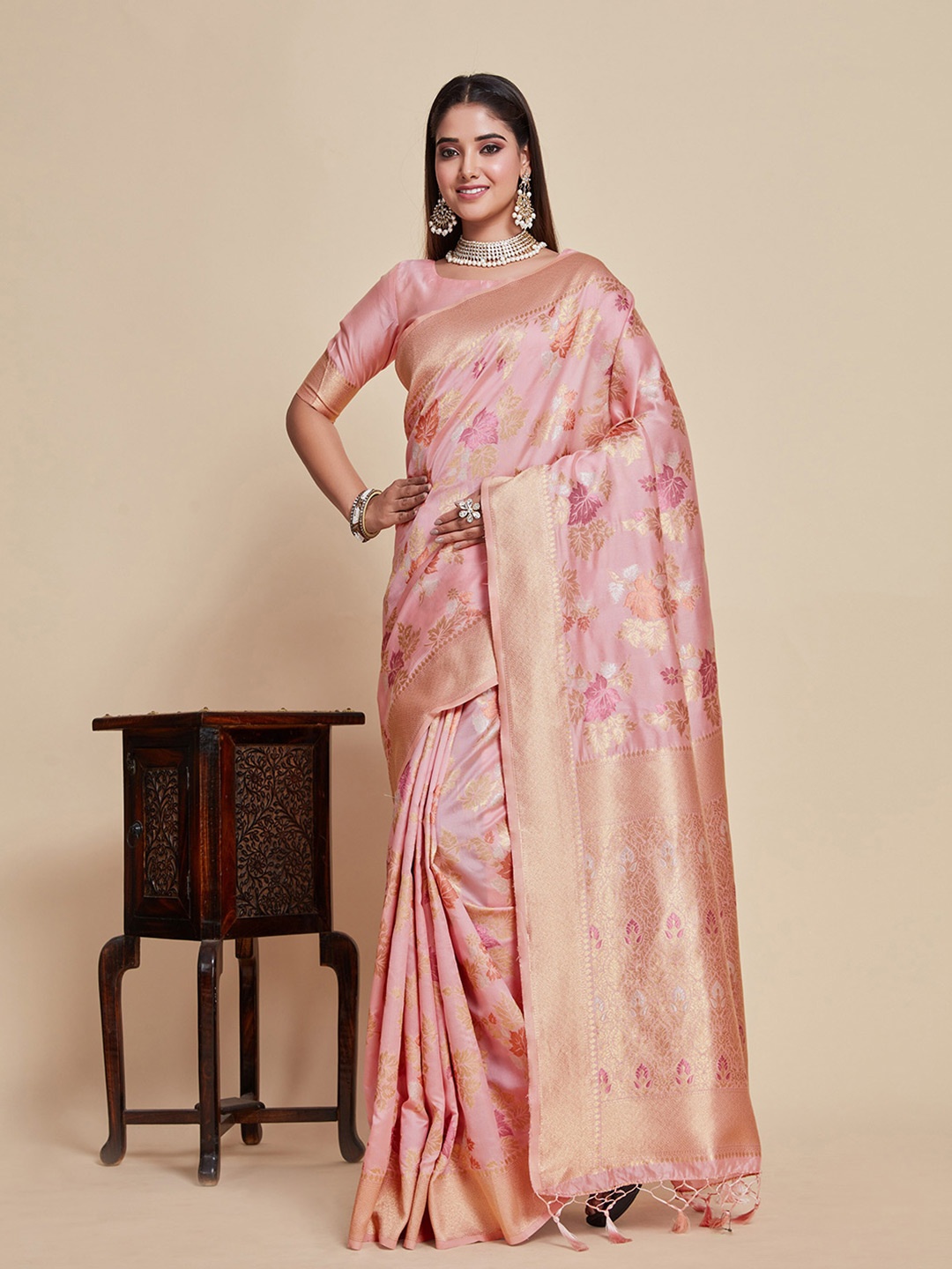 

MIMOSA Floral Woven Design Zari Kanjeevaram Saree, Pink