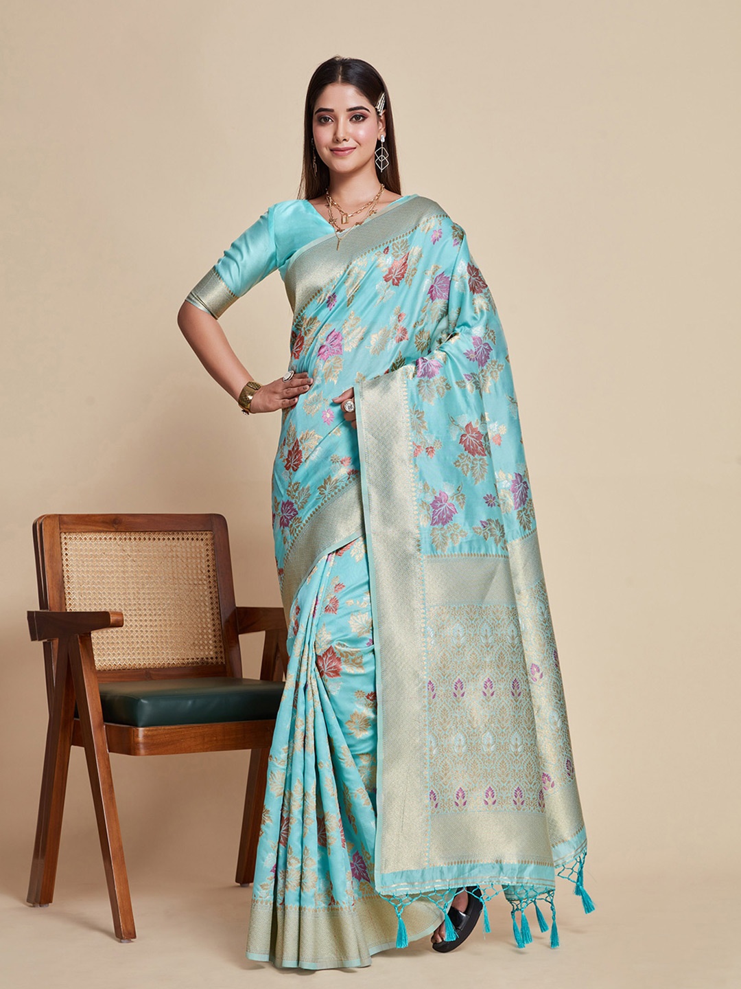 

MIMOSA Floral Woven Design Zari Kanjeevaram Saree, Turquoise blue