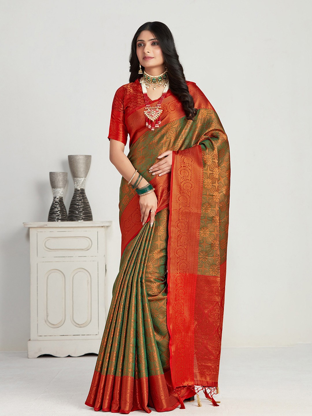 

MIMOSA Floral Woven Design Zari Kanjeevaram Saree, Green