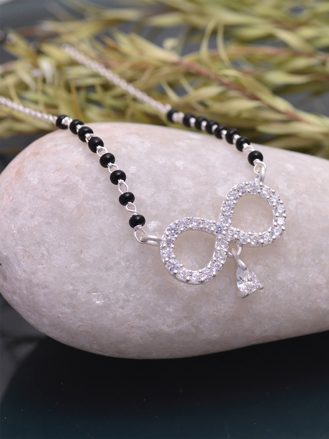 

Abhooshan 925 Pure Silver-Plated Stone-Studded & Beaded Mangalsutra